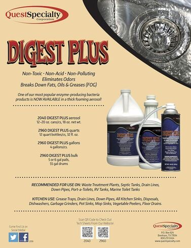 Quest Specialty DIGEST PLUS Foaming Drain Cleaner and Odor Eliminator Case of 12 - (20 oz.) Cans, white, 2040 in Kuwait
