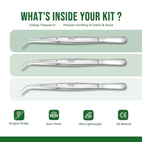 Medkraft 3pcs ملاقط أسنان من القطن الجامعي مقابض عادية - أدوات طب الأسنان لتنظيف الأسنان - نصائح بزاوية مسننة دقيقة - حركة زنبركية - فولاذ مقاوم للصدأ بدرجة جراحية - أعواد أسنان in Kuwait