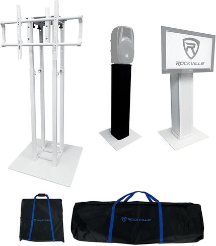 Rockville RTP33-TV Pro White Totem Stand 220 lbs DJ Speaker/Lighting/TV Mount, Detachable TV Mount, Adjustable 39-69 inch Height, Black/White Scrims, for DJs and Event Planners, 2-Piece in Kuwait