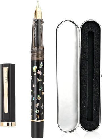 JinHao 58 Matte Black Fountain Pen, Iridium Fine Nib with Natural Sea shell Engraving Design, Consistent Writing Pen with Ink Converter in Kuwait
