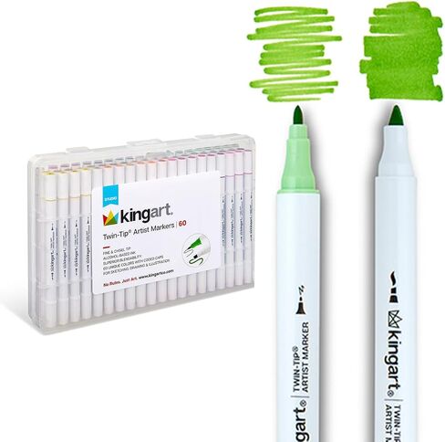 علامات الكحول Twin-Tip Kingart (412-60) ، 60 لونًا فريدًا ، نصائح مزدوجة 4 مم و 1 مم ، مع حالة تخزين in Kuwait