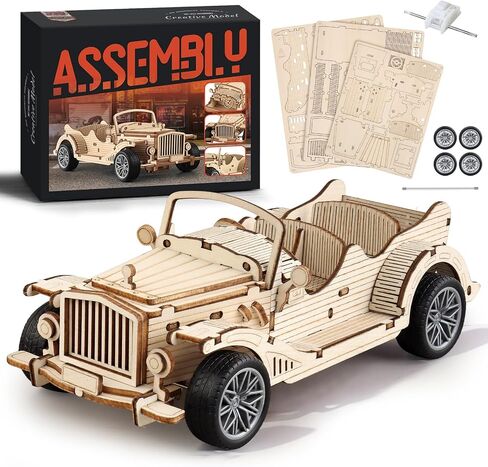 3D Wooden Puzzles Vintage Car Model for Adults, 65pcs Pull Back Toys Car Building Kits for Adults to Build, Desk Decor/DIY Hobbies/Gifts for Boys and Men (Vintage Car) in Saudi Arabia