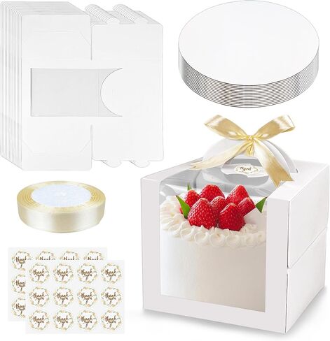 MUMULULU 15 PCS 6 x 6 x 6 Inches Cake Boxes with Carry Handles and Cake Boards White Bakery Boxes with Silk Ribbon and Stickers for Cakes Pastries Birthday Party Wedding in Saudi Arabia