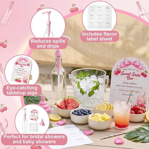 توفر Dirty Soda Bar مجموعة مكونة من 11 قطعة من موزع شراب القهوة مع 4 زجاجات شفافة و4 مضخات وردية وقمع قابل للطي و36 ملصقًا مقاومًا للماء وإكسسوارات لافتة بار الصودا الوردية الحلوة الخشبية in Kuwait