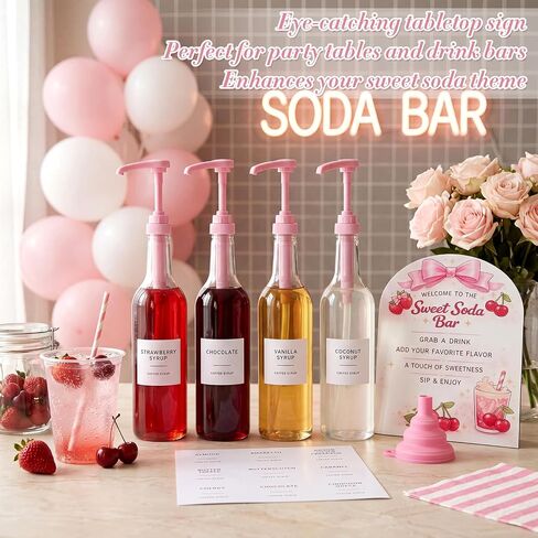 توفر Dirty Soda Bar مجموعة مكونة من 11 قطعة من موزع شراب القهوة مع 4 زجاجات شفافة و4 مضخات وردية وقمع قابل للطي و36 ملصقًا مقاومًا للماء وإكسسوارات لافتة بار الصودا الوردية الحلوة الخشبية in Kuwait