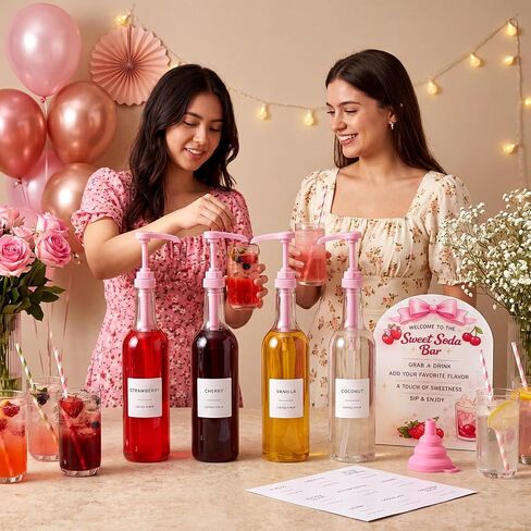 توفر Dirty Soda Bar مجموعة مكونة من 11 قطعة من موزع شراب القهوة مع 4 زجاجات شفافة و4 مضخات وردية وقمع قابل للطي و36 ملصقًا مقاومًا للماء وإكسسوارات لافتة بار الصودا الوردية الحلوة الخشبية in Kuwait