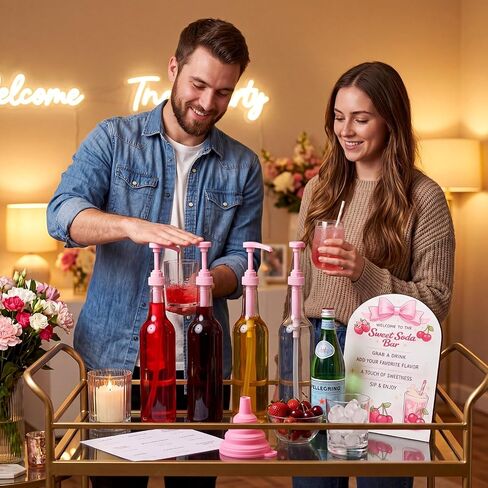 توفر Dirty Soda Bar مجموعة مكونة من 11 قطعة من موزع شراب القهوة مع 4 زجاجات شفافة و4 مضخات وردية وقمع قابل للطي و36 ملصقًا مقاومًا للماء وإكسسوارات لافتة بار الصودا الوردية الحلوة الخشبية in Kuwait