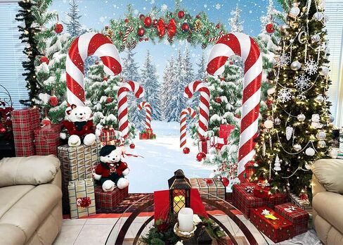 Merry Christmas Candy Cane Backdrop Winter Snowy Scene Christmas Tree Photography Background Christmas Holiday New Year Xmas Eve Family Party Decorations Banner Booth Props (7x5FT(2.1m x 1.5m)) in Saudi Arabia