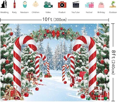 Merry Christmas Candy Cane Backdrop Winter Snowy Scene Christmas Tree Photography Background Christmas Holiday New Year Xmas Eve Family Party Decorations Banner Booth Props (7x5FT(2.1m x 1.5m)) in Saudi Arabia