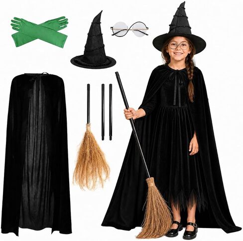 UQJE 6 PCS Girls Witch Costume Wicked Green Witch Movie Cosplay Halloween Witches Hat ، Cape ، Gloves ، Broom for Kids in Kuwait