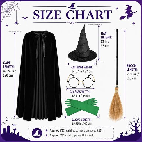 UQJE 6 PCS Girls Witch Costume Wicked Green Witch Movie Cosplay Halloween Witches Hat ، Cape ، Gloves ، Broom for Kids in Kuwait