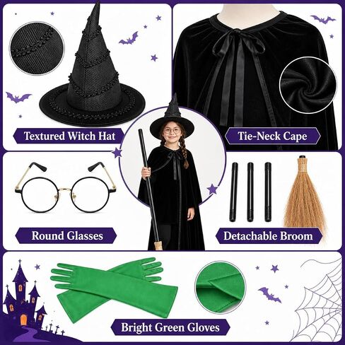 UQJE 6 PCS Girls Witch Costume Wicked Green Witch Movie Cosplay Halloween Witches Hat ، Cape ، Gloves ، Broom for Kids in Kuwait