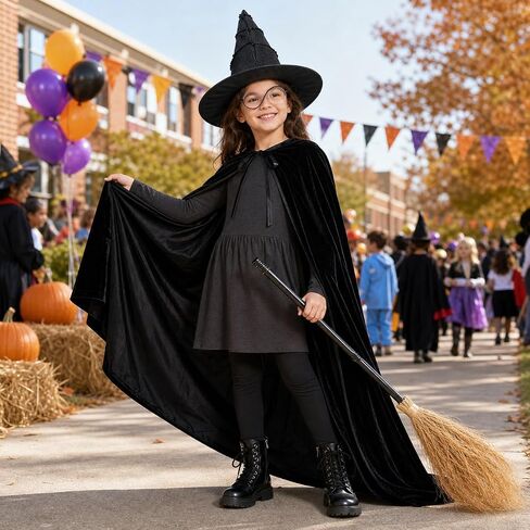 UQJE 6 PCS Girls Witch Costume Wicked Green Witch Movie Cosplay Halloween Witches Hat ، Cape ، Gloves ، Broom for Kids in Kuwait
