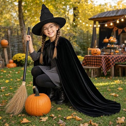 UQJE 6 PCS Girls Witch Costume Wicked Green Witch Movie Cosplay Halloween Witches Hat ، Cape ، Gloves ، Broom for Kids in Kuwait