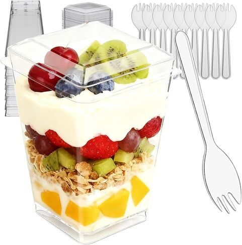 300 Pack 100 Set Clear Dessert Cups with Lids and Spoons, 5.4oz Mini Dessert Cups Reusable Square Parfait Cup for Party Appertizer, Christmas in Kuwait