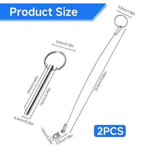 2 Pack Quick Release Pin, 1/4"(6.3mm) Diameter, Overall Length 3""(76mm), Usable Length 2.4""(61mm), 316 Stainless Steel Bimini Top Pin with 2 Retaining Cords, Hardware Pins for Boat Trailer in Kuwait