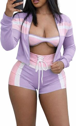 WXN Women Two Piece Sets Long Sleeve Casual Zipper Jacket Shorts Set Going Out Travel Outfits in Kuwait