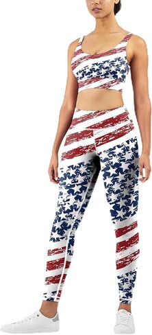 Women's USA Flag Print 2 Piece Yoga Set, High Waist Leggings with Sports Bra, Patriotic 4th of July Workout Outfit in Kuwait
