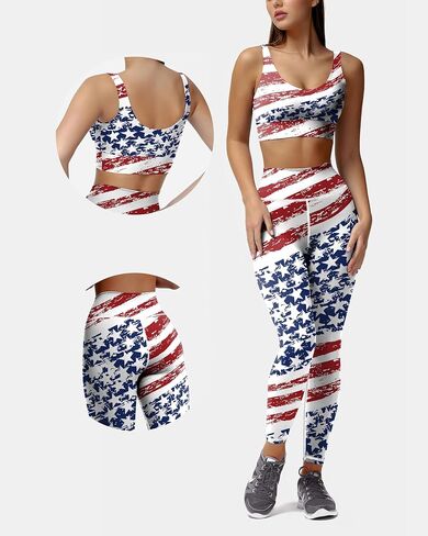 Women's USA Flag Print 2 Piece Yoga Set, High Waist Leggings with Sports Bra, Patriotic 4th of July Workout Outfit in Kuwait