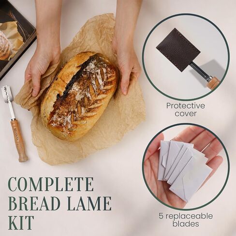 Bread Lame, Sourdough Scoring Tool for Bread Baking, Bread Scoring Tool with Beech Wood Handle, Protective Cover & 5 Replacement Blades in Kuwait