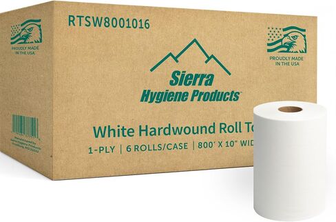 Sierra Hygiene 1-Ply White Roll Towels, 10" x 800’, Hardwound Paper Towel Rolls for Commercial Restrooms, Restaurants, Schools & Offices, Case of 6 Rolls, Made in USA in Kuwait
