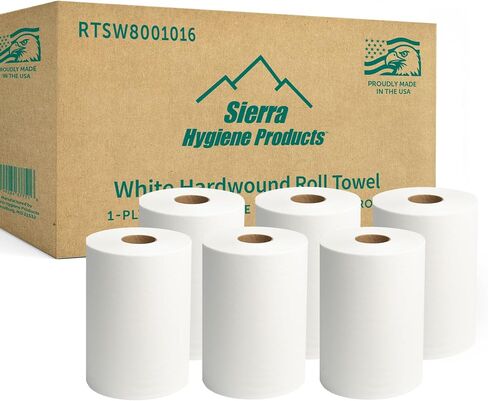 Sierra Hygiene 1-Ply White Roll Towels, 10" x 800’, Hardwound Paper Towel Rolls for Commercial Restrooms, Restaurants, Schools & Offices, Case of 6 Rolls, Made in USA in Kuwait