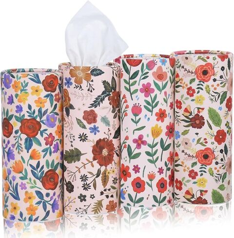EUOYUFO 200 Sheets Car Tissues with 4 Pack Floral Bow Design Cylinder Holder Round Portable Travel Tubes Box Container Tissue for Car Cup Holders Home Bathroom Office in Kuwait