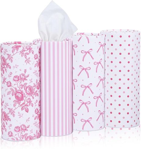 EUOYUFO 200 Sheets Car Tissues with 4 Pack Floral Bow Design Cylinder Holder Round Portable Travel Tubes Box Container Tissue for Car Cup Holders Home Bathroom Office in Kuwait