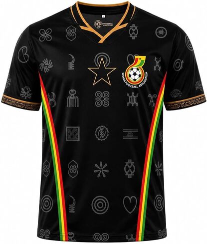 Ghana Football Jersey, Black with Gold Map, Flag Stripe and Adinkra Symbols, V-Neck Soccer Shirt in Saudi Arabia