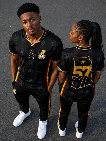 Ghana Football Jersey, Black with Gold Map, Flag Stripe and Adinkra Symbols, V-Neck Soccer Shirt in Saudi Arabia