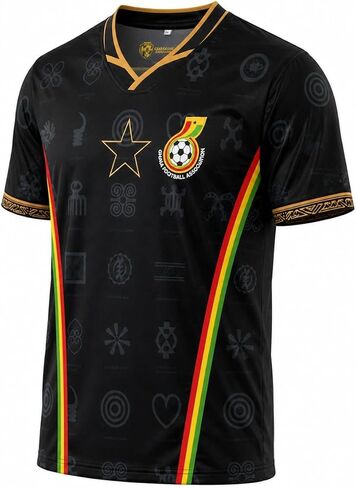 Ghana Football Jersey, Black with Gold Map, Flag Stripe and Adinkra Symbols, V-Neck Soccer Shirt in Saudi Arabia