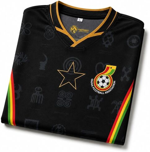 Ghana Football Jersey, Black with Gold Map, Flag Stripe and Adinkra Symbols, V-Neck Soccer Shirt in Saudi Arabia