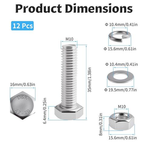 12 Set M10-1.5×35 Hex Bolts with Nuts & Washers, Full Thread | 304 stainless steel, includes flat & lock washers, for heavy-duty fastening, full thread hex bolts, hex head screws kit in Kuwait
