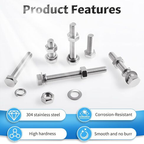 12 Set M10-1.5×35 Hex Bolts with Nuts & Washers, Full Thread | 304 stainless steel, includes flat & lock washers, for heavy-duty fastening, full thread hex bolts, hex head screws kit in Kuwait