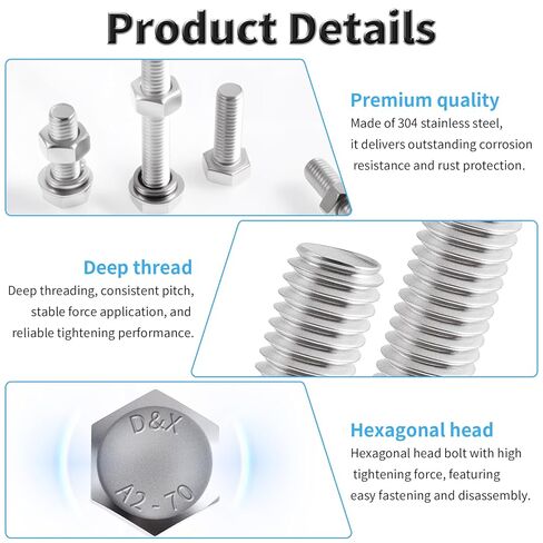 12 Set M10-1.5×35 Hex Bolts with Nuts & Washers, Full Thread | 304 stainless steel, includes flat & lock washers, for heavy-duty fastening, full thread hex bolts, hex head screws kit in Kuwait