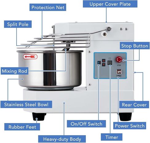 10.5 Qt Commercial Food Mixer，110V 650W Dual-Rotation Dough Kneading Machine with Touchscreen Timer，Food-grade Stainless Steel Bowl & Safety Shield for Bakeries & Restaurants​​ in Kuwait