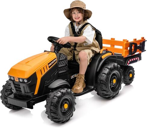 ركوب JCB 24V المرخص على جرار للأطفال 4-8 ، 24 فولت ركوب سيارة للأطفال الكبار مع مقطورة ، والتحكم عن بعد ، 2x200W محركات - أصفر in Kuwait