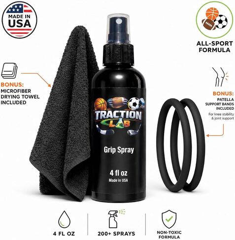 مجموعة رذاذ بمقبض رياضي 2 في 1 من Traction Lab مع منشفة وحزام الرضفة | بخاخ قبضة أحذية كرة السلة، بخاخ قبضة قفاز كرة القدم ومُعيد ومُعزز قبضة جميع الرياضات لكرة القدم والكرة الطائرة والجولف in Kuwait