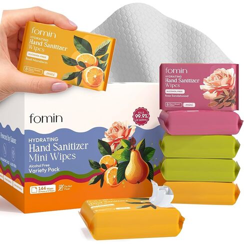 Fomin Mini Hand Sanitizer Wipes 9 Pack (8 Count) - Variety Pack Mini Wet Wipe - pH Balanced, Biodegradable, Antibacterial On The Go Hand Sanitizing Wipes - Hypoallergenic, Plant-Based Travel Wipe in Saudi Arabia