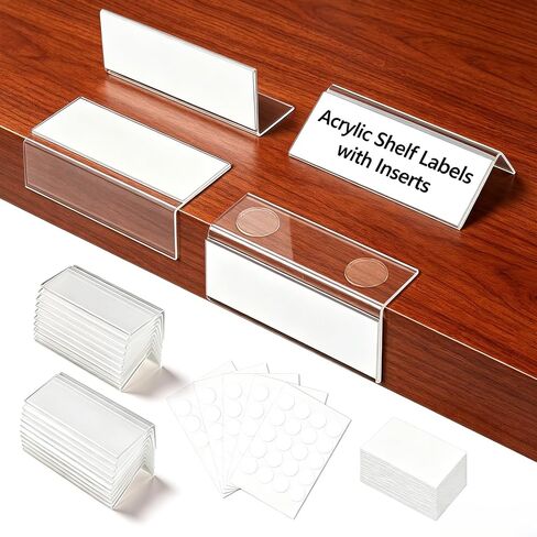 20Pack Acrylic Shelf Labels, L-Shape Book Shelf Labels, Price Tags, Sign Holder, Display Stand with Label Insertss & Sticky Dots for Store, Supermarket, Library, Bakery (1.25" x3.15") in Kuwait