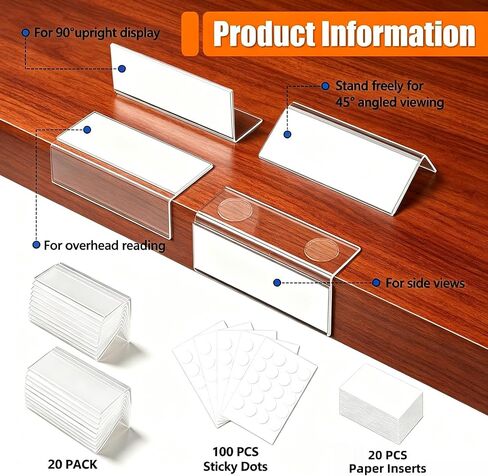 20Pack Acrylic Shelf Labels, L-Shape Book Shelf Labels, Price Tags, Sign Holder, Display Stand with Label Insertss & Sticky Dots for Store, Supermarket, Library, Bakery (1.25" x3.15") in Kuwait