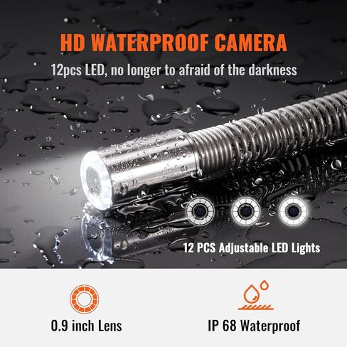 VEVOR Sewer Camera, 165 ft/50 m, 9" Screen Pipeline Inspection Camera with DVR Function, Waterproof IP68 Camera w/12 Adjustable LEDs, w/a 16 GB SD Card for Sewer Line, Home, Duct Drain Pipe Plumbing in Kuwait