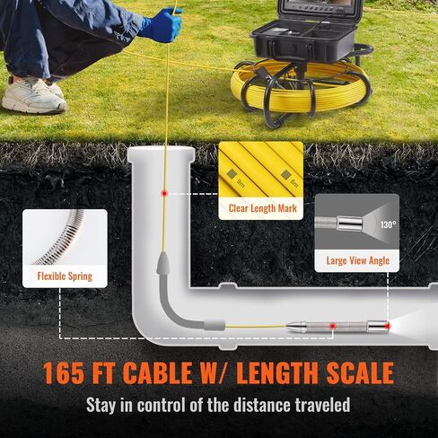 VEVOR Sewer Camera, 165 ft/50 m, 9" Screen Pipeline Inspection Camera with DVR Function, Waterproof IP68 Camera w/12 Adjustable LEDs, w/a 16 GB SD Card for Sewer Line, Home, Duct Drain Pipe Plumbing in Kuwait