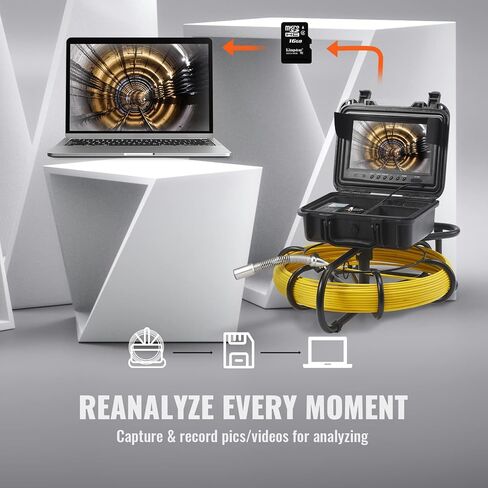 VEVOR Sewer Camera, 165 ft/50 m, 9" Screen Pipeline Inspection Camera with DVR Function, Waterproof IP68 Camera w/12 Adjustable LEDs, w/a 16 GB SD Card for Sewer Line, Home, Duct Drain Pipe Plumbing in Kuwait