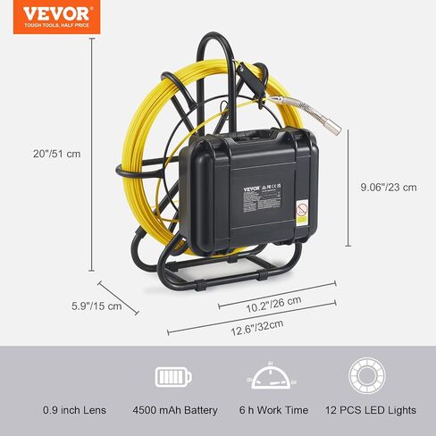 VEVOR Sewer Camera, 165 ft/50 m, 9" Screen Pipeline Inspection Camera with DVR Function, Waterproof IP68 Camera w/12 Adjustable LEDs, w/a 16 GB SD Card for Sewer Line, Home, Duct Drain Pipe Plumbing in Kuwait