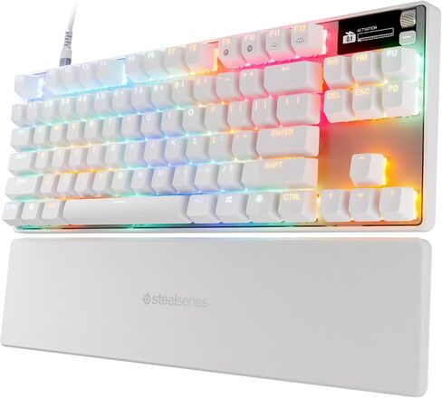 مفاتيح SteelSeries Apex Pro TKL Gen 3 White OmniPoint 3.0 - تشغيل قابل للتعديل - مشغل سريع - إعدادات مسبقة جاهزة للعبة - وضع الحماية - النقر السريع/SOCD - OLED - RGB - أغطية مفاتيح PBT - USB-C (متجدد) in Kuwait