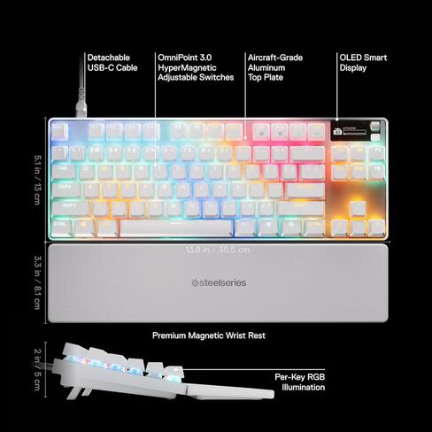 مفاتيح SteelSeries Apex Pro TKL Gen 3 White OmniPoint 3.0 - تشغيل قابل للتعديل - مشغل سريع - إعدادات مسبقة جاهزة للعبة - وضع الحماية - النقر السريع/SOCD - OLED - RGB - أغطية مفاتيح PBT - USB-C (متجدد) in Kuwait