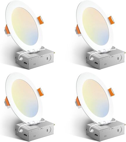 Amico 4 Pack 6 Inch 5CCT Ultra-Thin LED Recessed Ceiling Light with Junction Box, 2700K/3000K/3500K/4000K/5000K Selectable, 12W Eqv 110W 1050LM Brightness Dimmable Canless Wafer Downlight, ETL & FCC in Kuwait