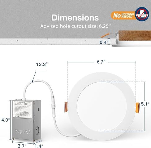 Amico 4 Pack 6 Inch 5CCT Ultra-Thin LED Recessed Ceiling Light with Junction Box, 2700K/3000K/3500K/4000K/5000K Selectable, 12W Eqv 110W 1050LM Brightness Dimmable Canless Wafer Downlight, ETL & FCC in Kuwait