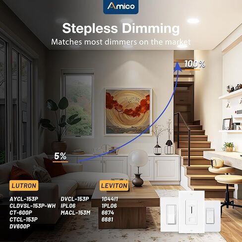 Amico 4 Pack 6 Inch 5CCT Ultra-Thin LED Recessed Ceiling Light with Junction Box, 2700K/3000K/3500K/4000K/5000K Selectable, 12W Eqv 110W 1050LM Brightness Dimmable Canless Wafer Downlight, ETL & FCC in Kuwait